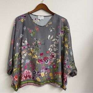 Belle France Top womens XL Floral Flowy Silk Boho Lagenlook Y2K Hippie Art *FLAW